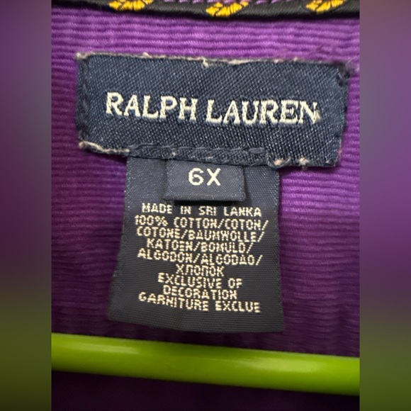 VTG Polo Ralph Lauren Girls Corduroy Shirt Dress Sz 6 Purple Button Front Ruffle - Picture 2 of 10